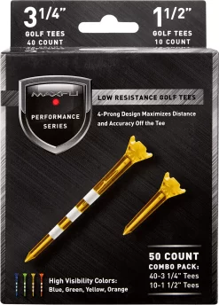 Maxfli Performance Series Low Resistance 3.25” & 1.5” Translucent Golf Tees – 50-Pack
